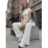 image:imageTrendy Queen Womens 2 Piece Lounge Matching Sets Wide Leg Pants Crew Neck Short Sleeve Shirt SweatsuitsLight Grey