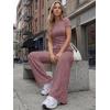 image:imageTrendy Queen Womens 2 Piece Lounge Matching Sets Wide Leg Pants Crew Neck Short Sleeve Shirt SweatsuitsWine