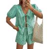image:imageTrendy Queen Short Sets Women 2 Piece Summer Vacation Beach Outfits Going Out Matching Clothes Cute Striped Tie Front TopsGreen