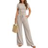 image:imageTrendy Queen Womens 2 Piece Lounge Matching Sets Wide Leg Pants Crew Neck Short Sleeve Shirt SweatsuitsKhaki