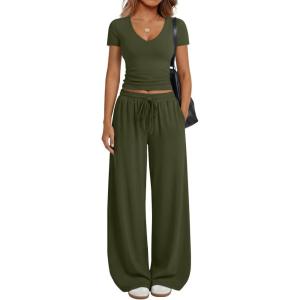 image:imageTrendy Queen 2 Piece Lounge Sets for Women Summer Outfits 2026 Fashion Two Piece Loungewear Spring Outfits ClothesArmy Green