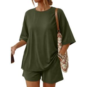 image:imageTrendy Queen 2 Piece Summer Set Oversized Top amp Loose Fit Shorts with PocketsArmy Green