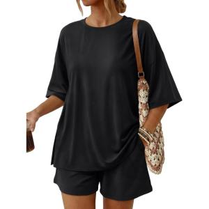 image:imageTrendy Queen 2 Piece Summer Set Oversized Top amp Loose Fit Shorts with PocketsBlack