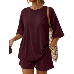 image:imageTrendy Queen 2 Piece Summer Set Oversized Top amp Loose Fit Shorts with PocketsBurgundy