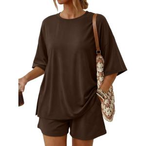 image:imageTrendy Queen 2 Piece Summer Set Oversized Top amp Loose Fit Shorts with PocketsCoffee