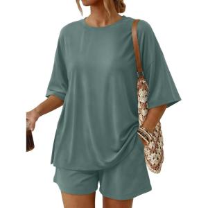 image:imageTrendy Queen 2 Piece Summer Set Oversized Top amp Loose Fit Shorts with PocketsDark Sage