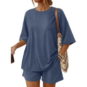 image:imageTrendy Queen 2 Piece Summer Set Oversized Top amp Loose Fit Shorts with PocketsDusty Blue