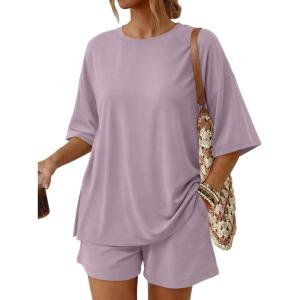 image:imageTrendy Queen 2 Piece Summer Set Oversized Top amp Loose Fit Shorts with PocketsLilac