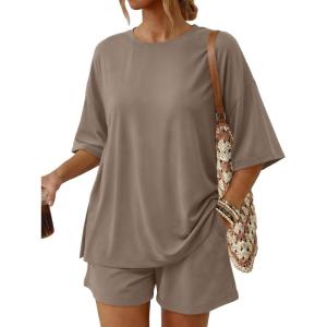 image:imageTrendy Queen 2 Piece Summer Set Oversized Top amp Loose Fit Shorts with PocketsMocha
