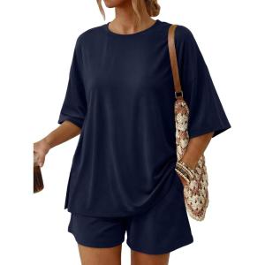 image:imageTrendy Queen 2 Piece Summer Set Oversized Top amp Loose Fit Shorts with PocketsNavy