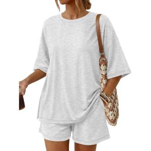 image:imageTrendy Queen 2 Piece Summer Set Oversized Top amp Loose Fit Shorts with PocketsOatmeal Grey