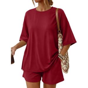 image:imageTrendy Queen 2 Piece Summer Set Oversized Top amp Loose Fit Shorts with PocketsRed