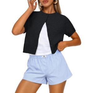 image:imageTrendy Queen Cropped Short Sleeve Cardigan Sweaters for Women Summer Lightweight Spring Outfits Y2k Fashion Clothes 2026Black