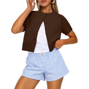 image:imageTrendy Queen Cropped Short Sleeve Cardigan Sweaters for Women Summer Lightweight Spring Outfits Y2k Fashion Clothes 2026Chocolate Brown