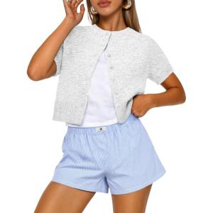 image:imageTrendy Queen Cropped Short Sleeve Cardigan Sweaters for Women Summer Lightweight Spring Outfits Y2k Fashion Clothes 2026Grey