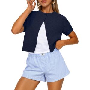 image:imageTrendy Queen Cropped Short Sleeve Cardigan Sweaters for Women Summer Lightweight Spring Outfits Y2k Fashion Clothes 2026Navy Blue