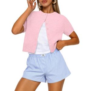 image:imageTrendy Queen Cropped Short Sleeve Cardigan Sweaters for Women Summer Lightweight Spring Outfits Y2k Fashion Clothes 2026Pink