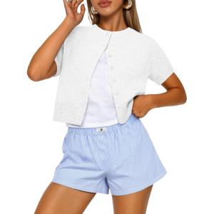 image:imageTrendy Queen Cropped Short Sleeve Cardigan Sweaters for Women Summer Lightweight Spring Outfits Y2k Fashion Clothes 2026White