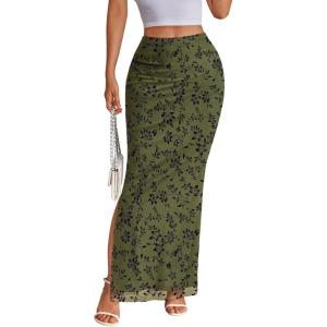 image:imageTrendy Queen Floral Long Skirts for Women Trendy Mesh Y2k Skirt Bodycon Dress Vacation Outfits Summer Clothes 2026Army Green Floral