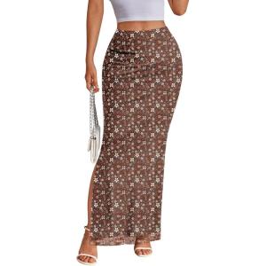 image:imageTrendy Queen Floral Long Skirts for Women Trendy Mesh Y2k Skirt Bodycon Dress Vacation Outfits Summer Clothes 2026Brown Floral