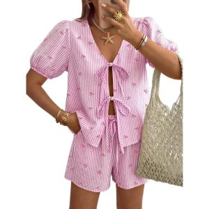 image:imageTrendy Queen Short Sets Women 2 Piece Summer Vacation Beach Outfits Going Out Matching Clothes Cute Striped Tie Front TopsPink