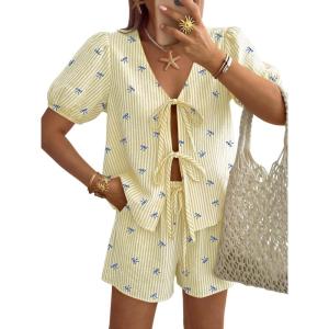 image:imageTrendy Queen Short Sets Women 2 Piece Summer Vacation Beach Outfits Going Out Matching Clothes Cute Striped Tie Front TopsYellow