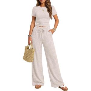 image:imageTrendy Queen Womens 2 Piece Lounge Matching Sets Wide Leg Pants Crew Neck Short Sleeve Shirt SweatsuitsApricot