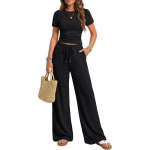 image:imageTrendy Queen Womens 2 Piece Lounge Matching Sets Wide Leg Pants Crew Neck Short Sleeve Shirt SweatsuitsBlack