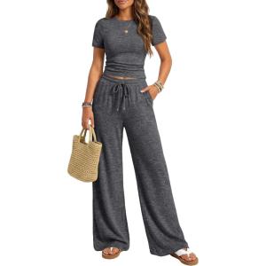 image:imageTrendy Queen Womens 2 Piece Lounge Matching Sets Wide Leg Pants Crew Neck Short Sleeve Shirt SweatsuitsDark Grey