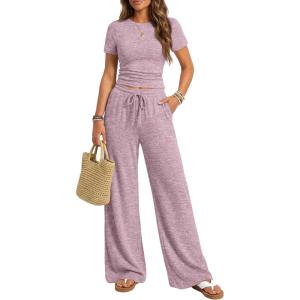 image:imageTrendy Queen Womens 2 Piece Lounge Matching Sets Wide Leg Pants Crew Neck Short Sleeve Shirt SweatsuitsDusty Pink