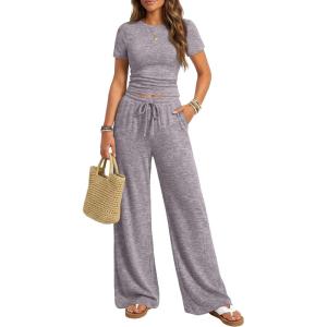 image:imageTrendy Queen Womens 2 Piece Lounge Matching Sets Wide Leg Pants Crew Neck Short Sleeve Shirt SweatsuitsDusty Purple
