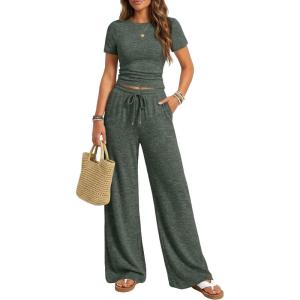 image:imageTrendy Queen Womens 2 Piece Lounge Matching Sets Wide Leg Pants Crew Neck Short Sleeve Shirt SweatsuitsGreen