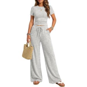 image:imageTrendy Queen Womens 2 Piece Lounge Matching Sets Wide Leg Pants Crew Neck Short Sleeve Shirt SweatsuitsLight Grey