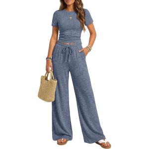 image:imageTrendy Queen Womens 2 Piece Lounge Matching Sets Wide Leg Pants Crew Neck Short Sleeve Shirt SweatsuitsNavy