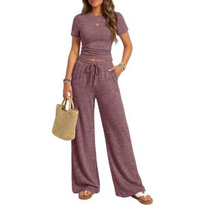 image:imageTrendy Queen Womens 2 Piece Lounge Matching Sets Wide Leg Pants Crew Neck Short Sleeve Shirt SweatsuitsWine