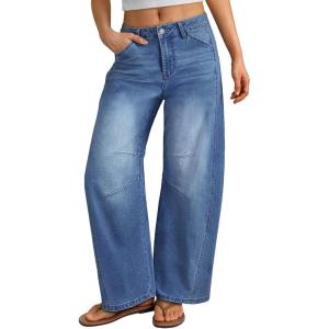 image:imageTrendy Queen Womens Barrel Jeans  Wide Leg amp High Waisted Denim Pants with Curved Hem and Slant PocketsBlue