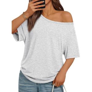 image:imageTrendy Queen Womens Off The Shoulder Tops Oversized Tshirts Casual Short Sleeve Basic Tees Cute Summer Fashion Clothes 2026Oatmeal Grey