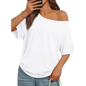 image:imageTrendy Queen Womens Off The Shoulder Tops Oversized Tshirts Casual Short Sleeve Basic Tees Cute Summer Fashion Clothes 2026White