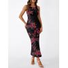 image:imageTrendy Queen Bodycon Maxi Dress Womens Sleeveless Floral Print Fitted Party Club Ruched Dresses with Side SlitBlack