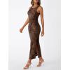 image:imageTrendy Queen Bodycon Maxi Dress Womens Sleeveless Floral Print Fitted Party Club Ruched Dresses with Side SlitBrown