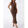 image:imageTrendy Queen Bodycon Maxi Dress Womens Sleeveless Floral Print Fitted Party Club Ruched Dresses with Side SlitBrown