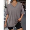image:imageTrendy Queen Plus Size Oversized VNeck Tshirt Breathable Elastic Fabric Tunic for Workout Gym Casual Homing WearTaupe