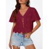 image:imageTrendy Queen Womens Summer Tops Cute Boho Blouses Beach Vacation Spring Outfits 2026 Tie Front Eyelet Embroidered ClothesWine