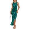 image:imageTrendy Queen Bodycon Maxi Dress Womens Sleeveless Floral Print Fitted Party Club Ruched Dresses with Side SlitBlue Green
