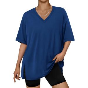 image:imageTrendy Queen Plus Size Oversized VNeck Tshirt Breathable Elastic Fabric Tunic for Workout Gym Casual Homing WearBlue