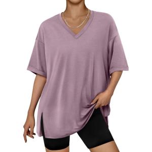 image:imageTrendy Queen Plus Size Oversized VNeck Tshirt Breathable Elastic Fabric Tunic for Workout Gym Casual Homing WearDark Pink