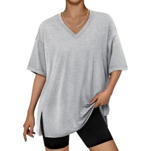 image:imageTrendy Queen Plus Size Oversized VNeck Tshirt Breathable Elastic Fabric Tunic for Workout Gym Casual Homing WearGrey