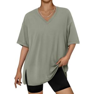 image:imageTrendy Queen Plus Size Oversized VNeck Tshirt Breathable Elastic Fabric Tunic for Workout Gym Casual Homing WearGrey Green