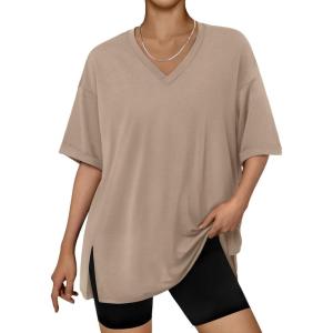image:imageTrendy Queen Plus Size Oversized VNeck Tshirt Breathable Elastic Fabric Tunic for Workout Gym Casual Homing WearKhaki
