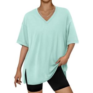 image:imageTrendy Queen Plus Size Oversized VNeck Tshirt Breathable Elastic Fabric Tunic for Workout Gym Casual Homing WearLight Green